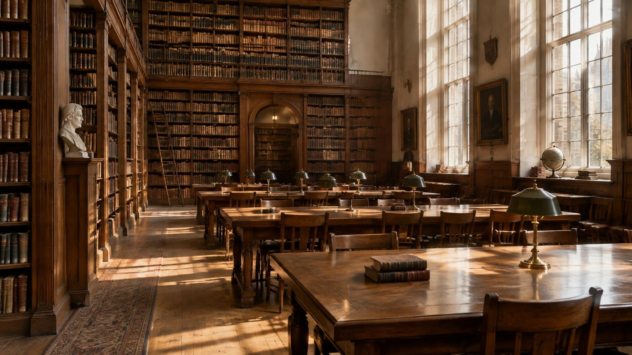 Warm-lit library reading room with tall bookshelves and empty wooden tables